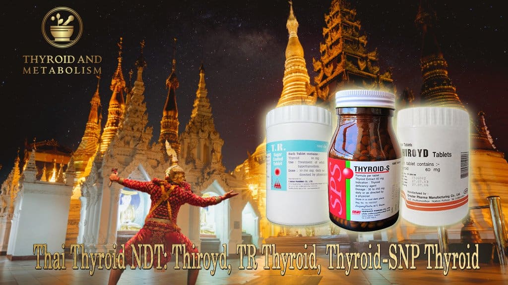Thai man within Buddhist temple complex wearing golden mask points at giant boxes of Thai Thyroid (TR Thyroid, Thyroid-S and Thiroyd)